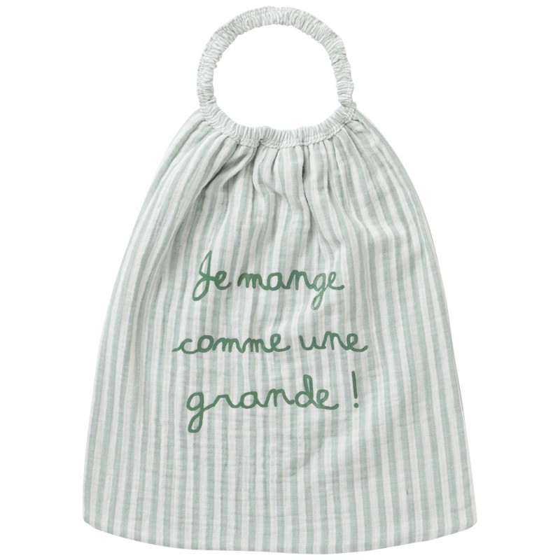 SERVIETTE ELASTIQUEE RAYEE VERT DE GRIS " JE MANGE COMME UNE GRANDE"- BB AND CO