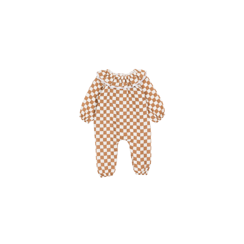 COMBINAISON EN GAZE DE COTON DAMIER CARAMEL ET ECRU AVEC COL POUR POUPEE - ATELIER WAGRAM