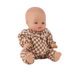 COMBINAISON EN GAZE DE COTON DAMIER CARAMEL ET ECRU AVEC COL POUR POUPEE - ATELIER WAGRAM