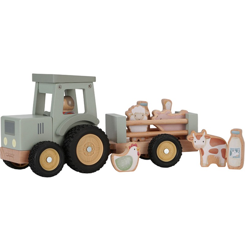 TRACTEUR AVEC SA REMORQUE ET FIGURINES E  BOIS - LITTLE DUTCH