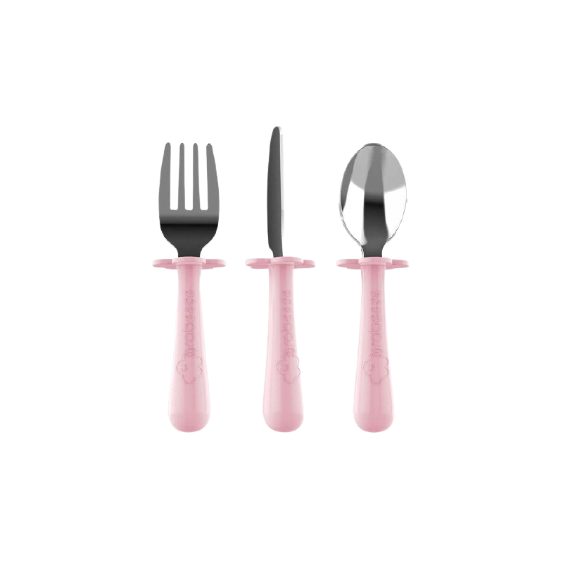 SET 3 COUVERTS ERGONOMIQUES INOX ET MANCHES ROSES - GRABEASE